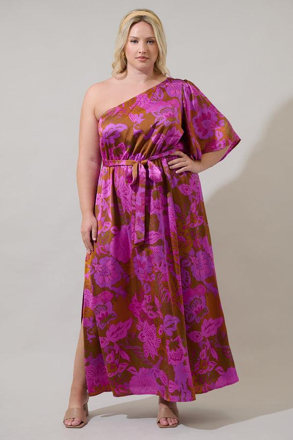 sugarlips Lorian Floral Meara One Shoulder Satin Maxi Dress Curve