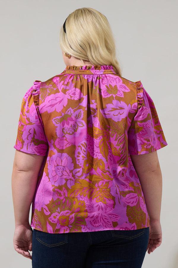 Sugarlips Lorian Floral Mei Split Neck Satin Top Curve
