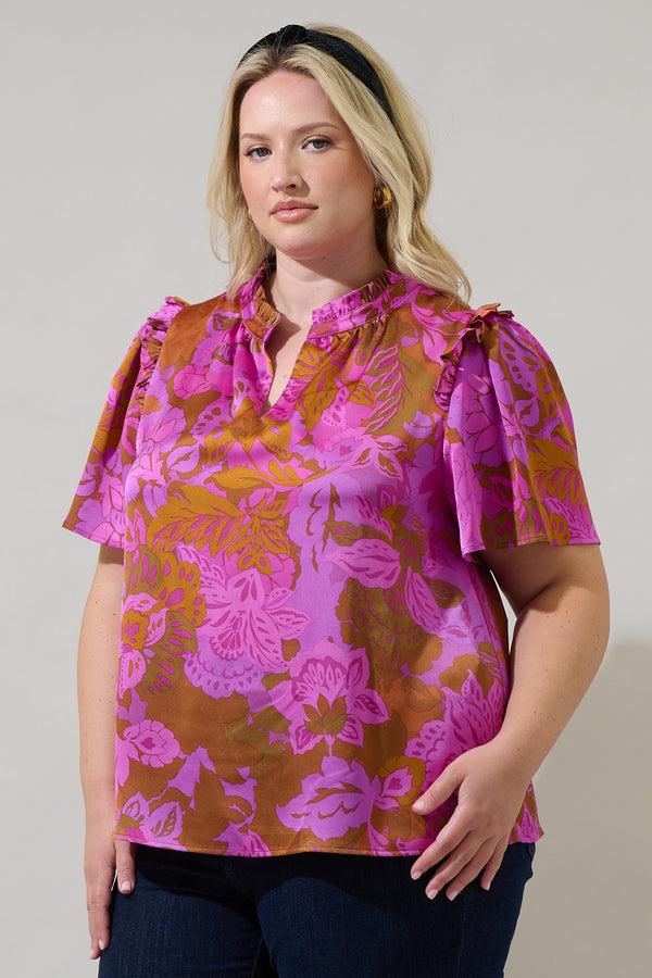 Sugarlips Lorian Floral Mei Split Neck Satin Top Curve