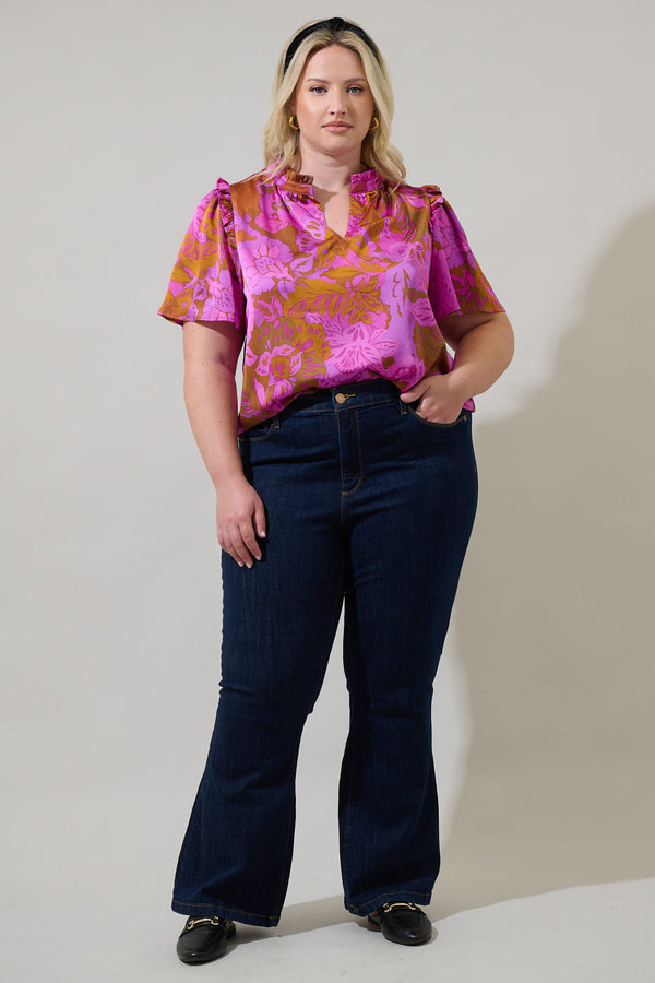 Sugarlips Lorian Floral Mei Split Neck Satin Top Curve