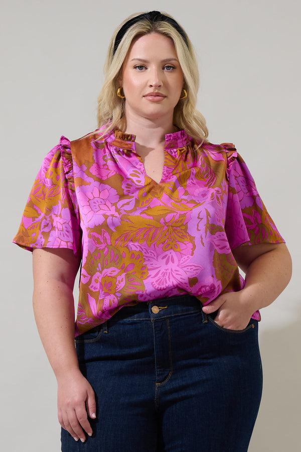 sugarlips Lorian Floral Mei Split Neck Satin Top Curve