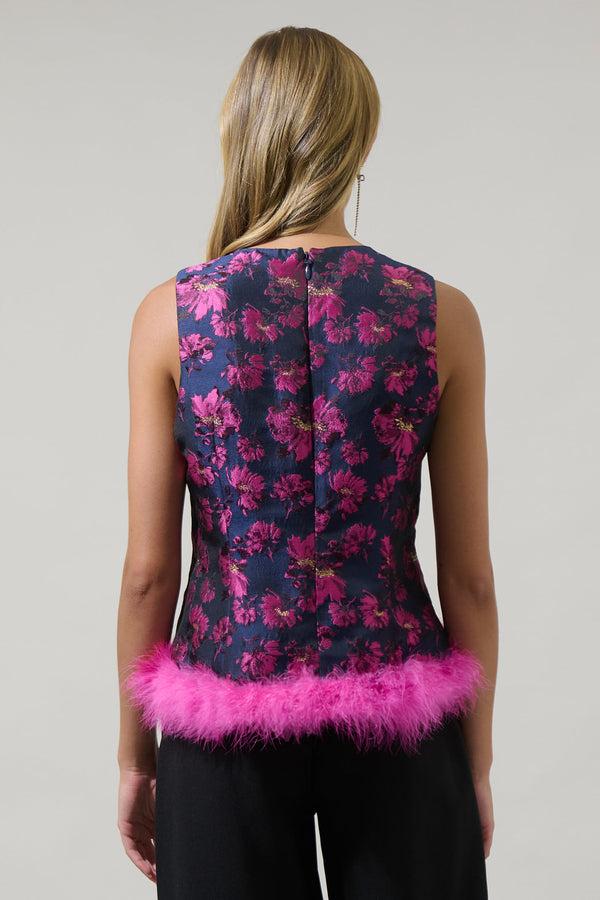 Sugarlips Lorna Jacquard Floral Feather Trim Sleeveless Top