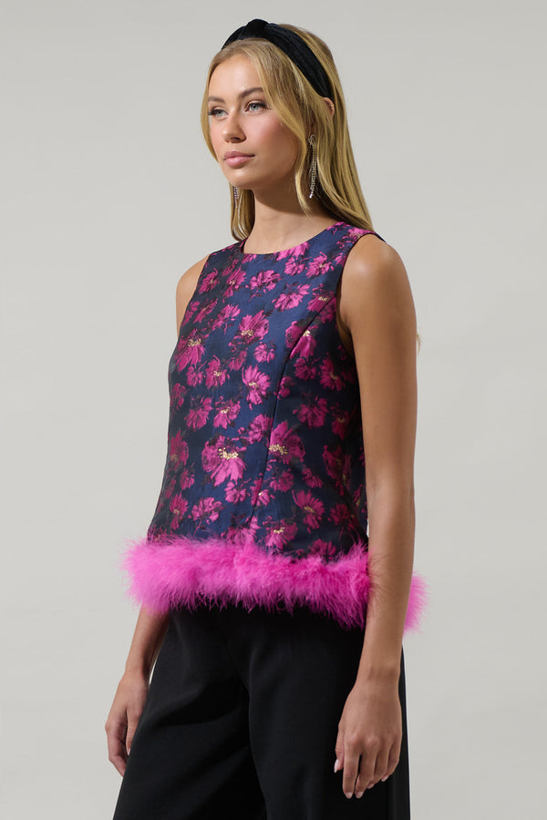 Sugarlips Lorna Jacquard Floral Feather Trim Sleeveless Top