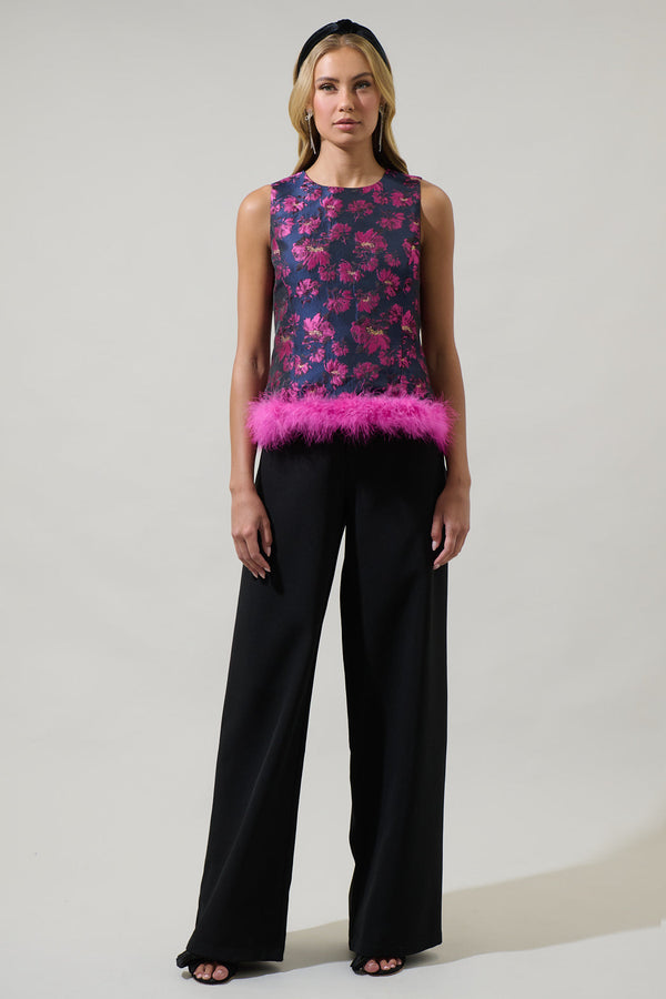 Sugarlips Lorna Jacquard Floral Feather Trim Sleeveless Top