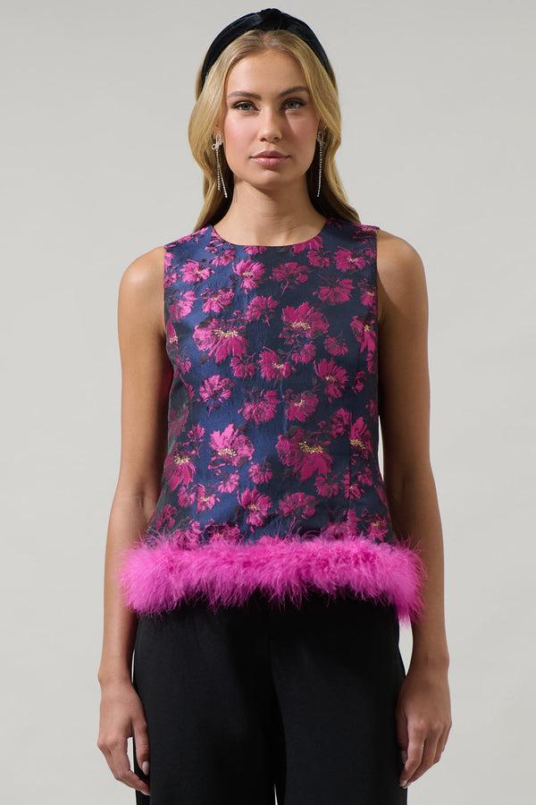 sugarlips Lorna Jacquard Floral Feather Trim Sleeveless Top
