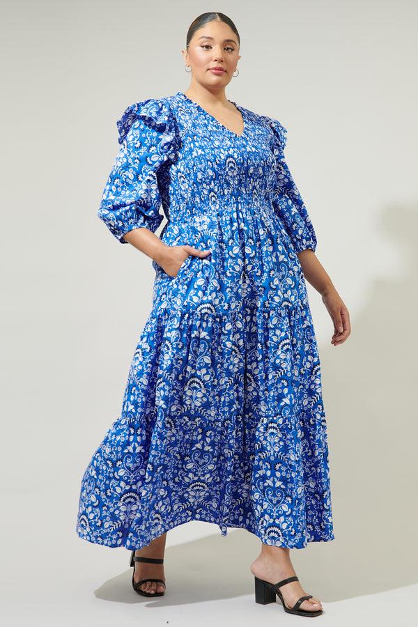 Sugarlips Lulu Floral Brighton Smocked Poplin Maxi Dress Curve