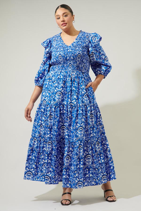 sugarlips Lulu Floral Brighton Smocked Poplin Maxi Dress Curve