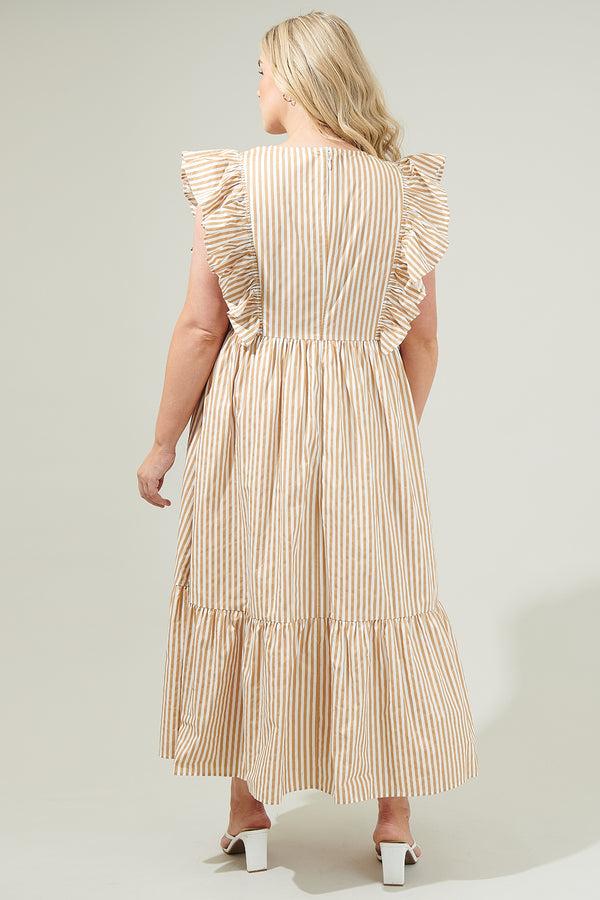 Sugarlips Luna Striped Fairness Taupe Poplin Surplice Midi Dress Curve