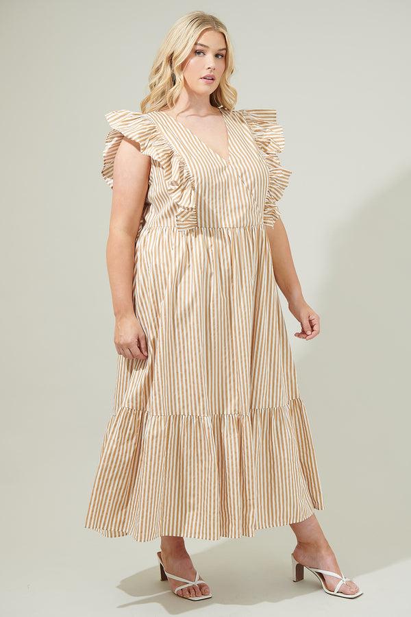 Sugarlips Luna Striped Fairness Taupe Poplin Surplice Midi Dress Curve
