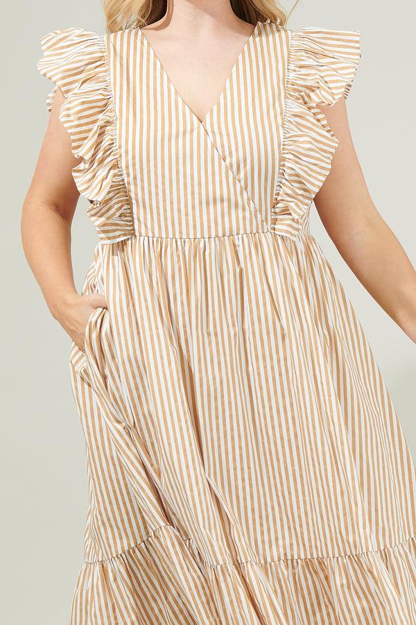 Sugarlips Luna Striped Fairness Taupe Poplin Surplice Midi Dress Curve