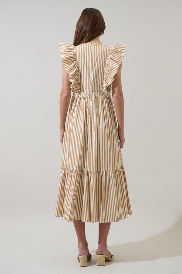 Sugarlips Luna Striped Fairness Taupe Poplin Surplice Midi Dress