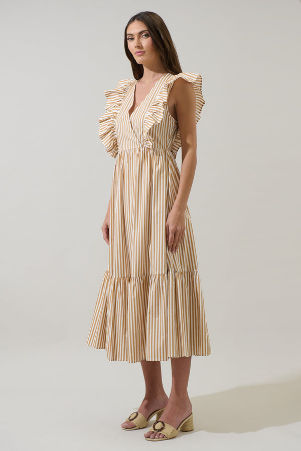 Sugarlips Luna Striped Fairness Taupe Poplin Surplice Midi Dress