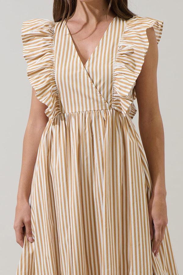 Sugarlips Luna Striped Fairness Taupe Poplin Surplice Midi Dress