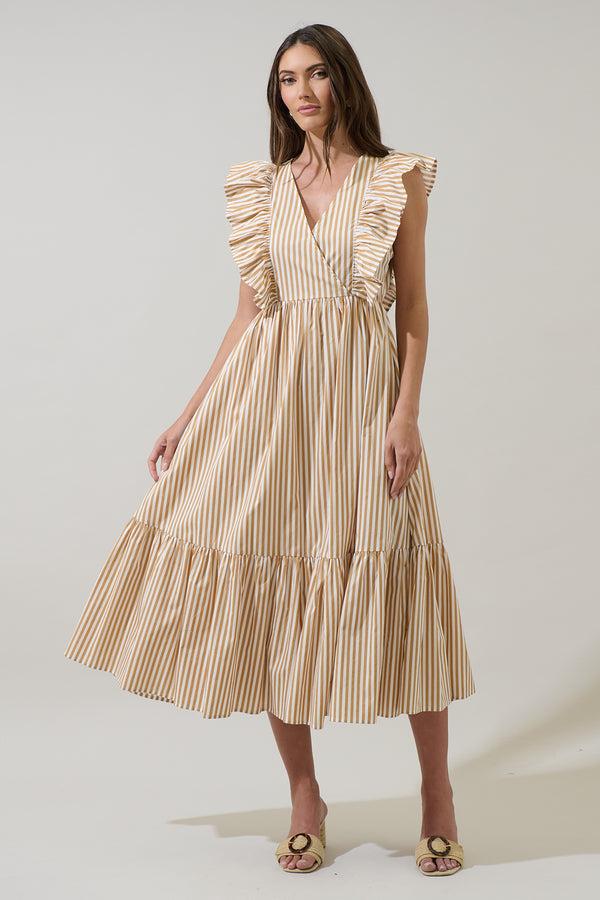 sugarlips Luna Striped Fairness Taupe Poplin Surplice Midi Dress