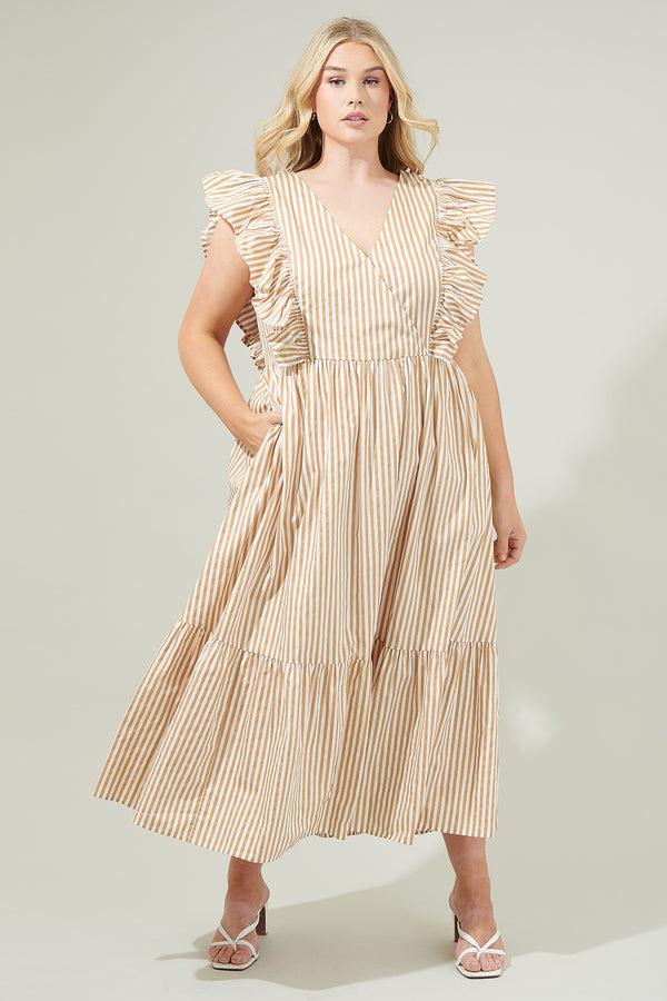 sugarlips Luna Striped Fairness Taupe Poplin Surplice Midi Dress Curve