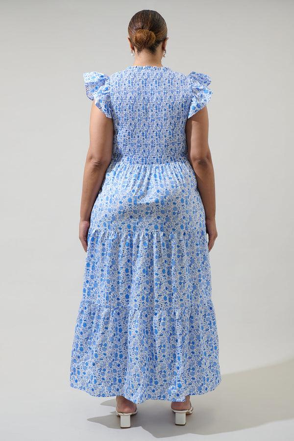 Sugarlips Luray Floral Sunfire Smocked Bodice Tiered Midi Curve Dress