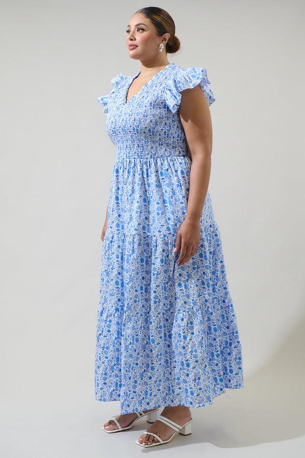 Sugarlips Luray Floral Sunfire Smocked Bodice Tiered Midi Curve Dress