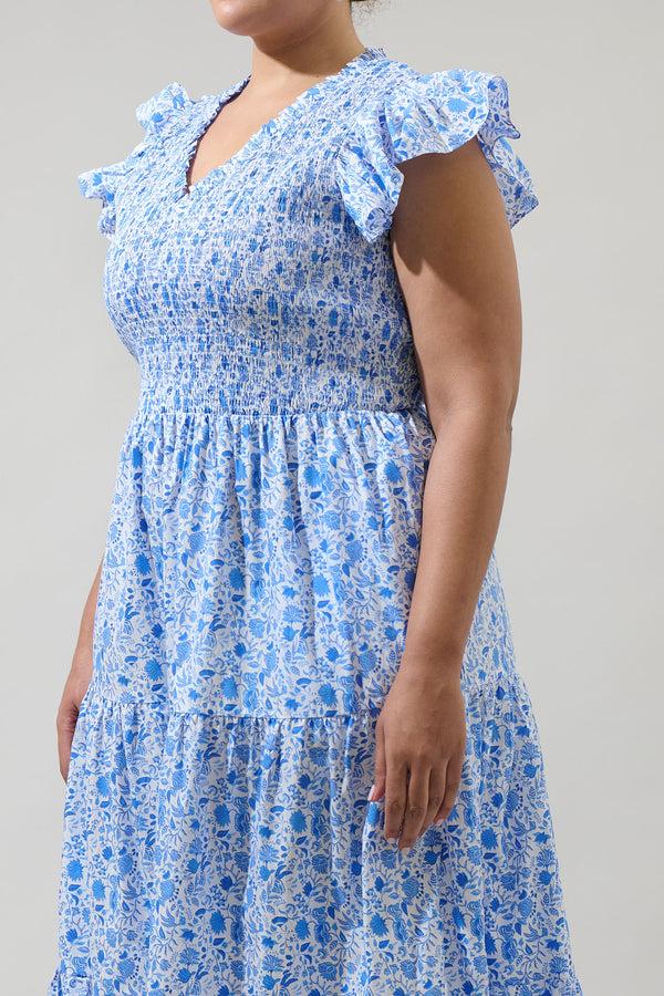 Sugarlips Luray Floral Sunfire Smocked Bodice Tiered Midi Curve Dress
