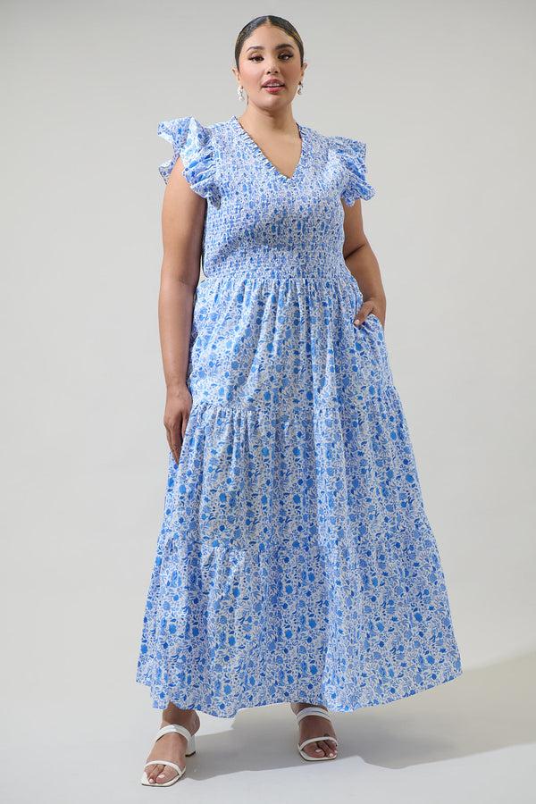 sugarlips Luray Floral Sunfire Smocked Bodice Tiered Midi Curve Dress
