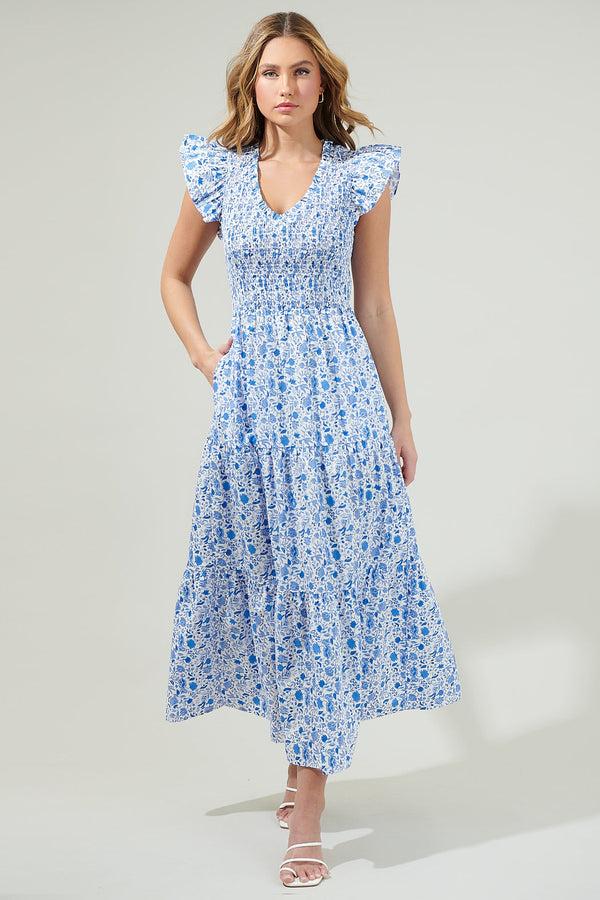 Sugarlips Luray Floral Sunfire Smocked Bodice Tiered Midi Dress