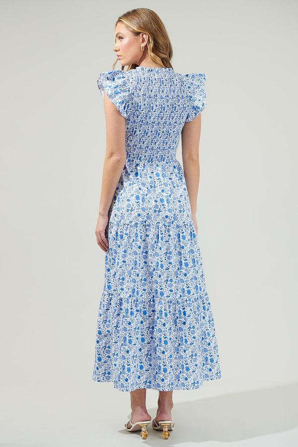 Sugarlips Luray Floral Sunfire Smocked Bodice Tiered Midi Dress