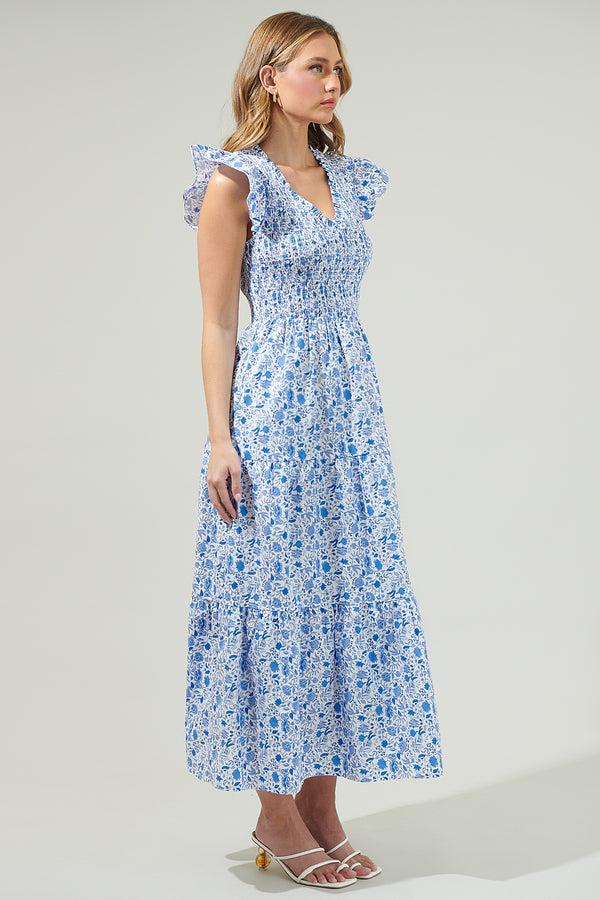 Sugarlips Luray Floral Sunfire Smocked Bodice Tiered Midi Dress