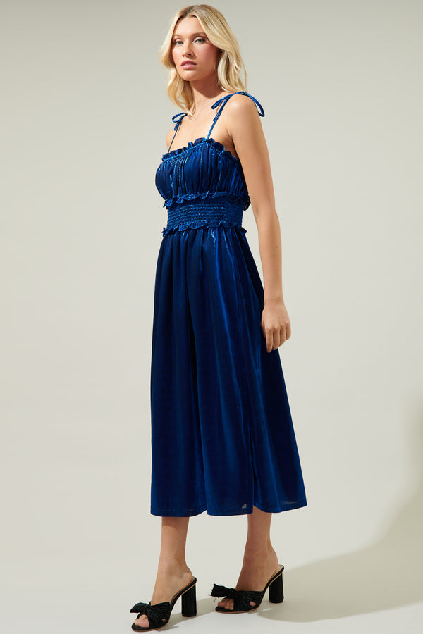 Sugarlips Lurelle Smocked Waist Tie Strap Poplin Midi Dress