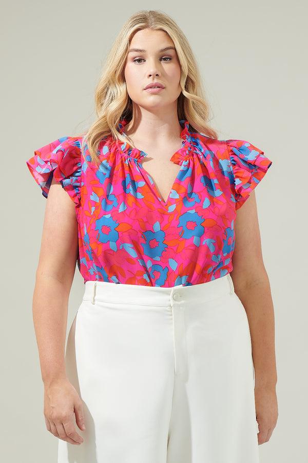sugarlips Lusma Floral Bellissima Ruffle Sleeve Top Curve