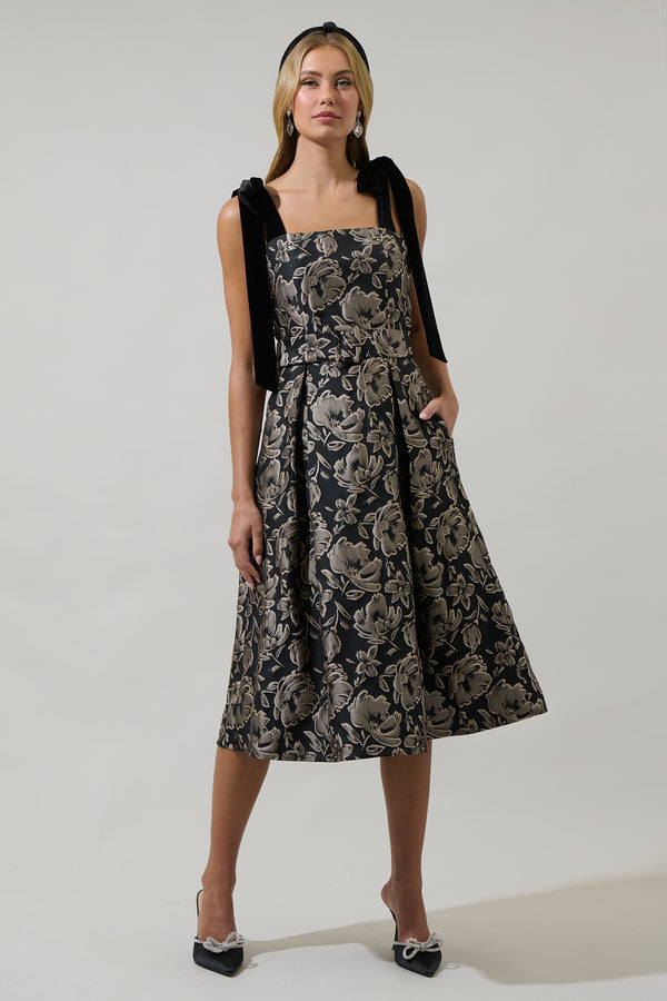 Sugarlips Lyla Jacquard Floral Dina Pleated Midi Dress