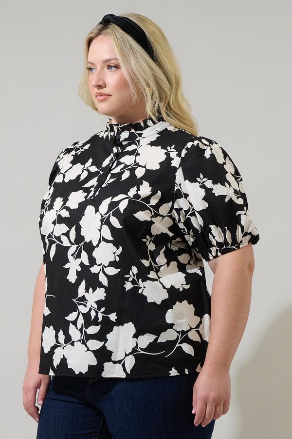 Sugarlips Mableton Floral Miraya Mock Neck Poplin Top Curve