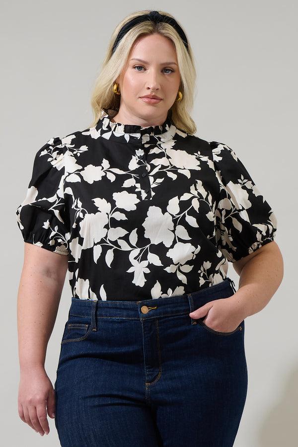 sugarlips Mableton Floral Miraya Mock Neck Poplin Top Curve