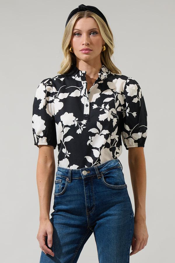 sugarlips Mableton Floral Miraya Mock Neck Poplin Top