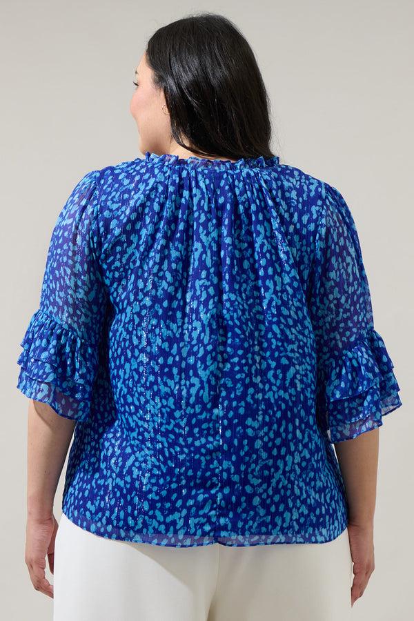 Sugarlips Madeira Abstract Break Room Split Neck Ruffle Blouse Curve