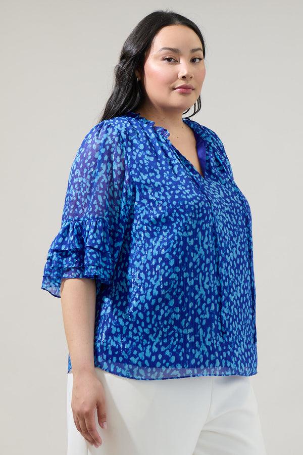 Sugarlips Madeira Abstract Break Room Split Neck Ruffle Blouse Curve