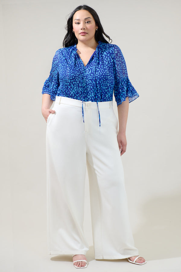 Sugarlips Madeira Abstract Break Room Split Neck Ruffle Blouse Curve