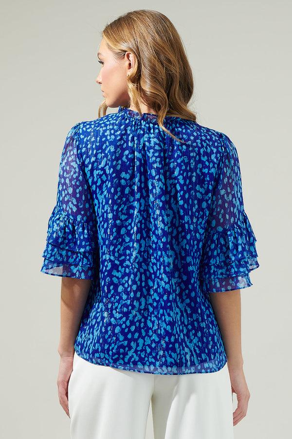 Sugarlips Madeira Abstract Break Room Split Neck Ruffle Blouse