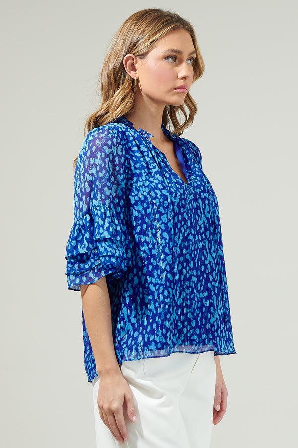 Sugarlips Madeira Abstract Break Room Split Neck Ruffle Blouse