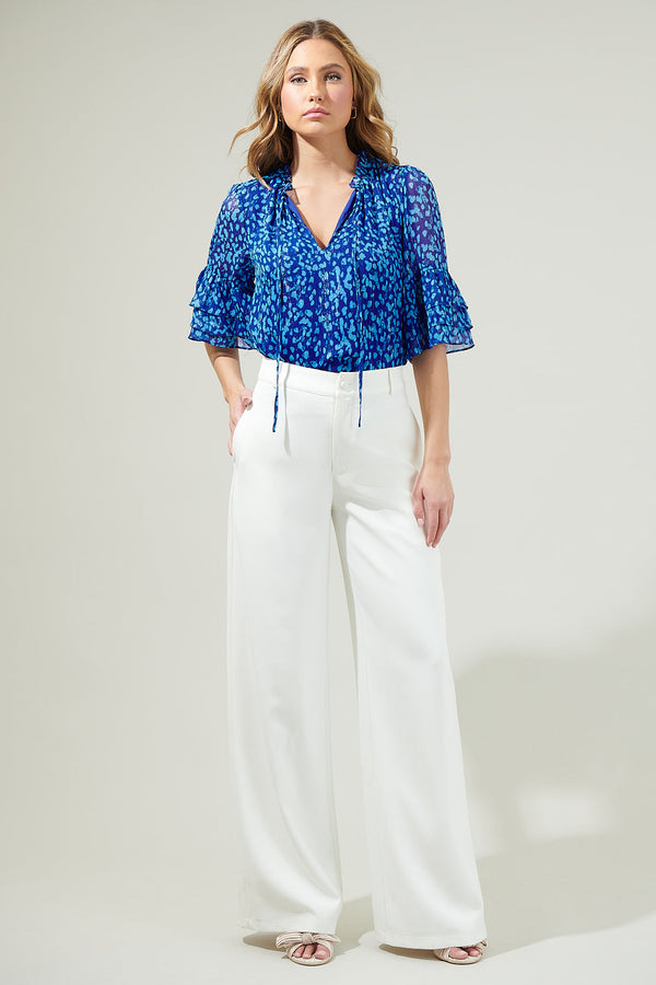 Sugarlips Madeira Abstract Break Room Split Neck Ruffle Blouse