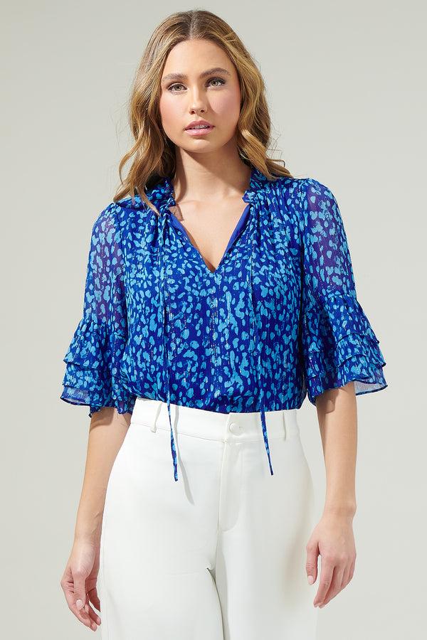 sugarlips Madeira Abstract Break Room Split Neck Ruffle Blouse
