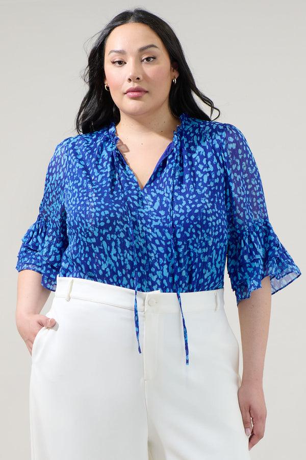 sugarlips Madeira Abstract Break Room Split Neck Ruffle Blouse Curve