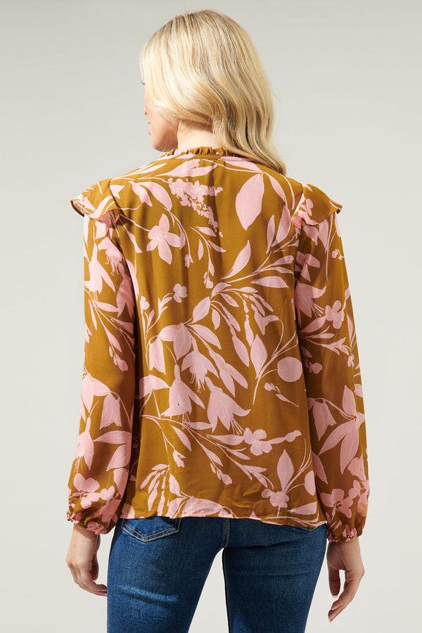 Sugarlips Magnolia Floral Chessie Balloon Sleeve Ruffle Blouse