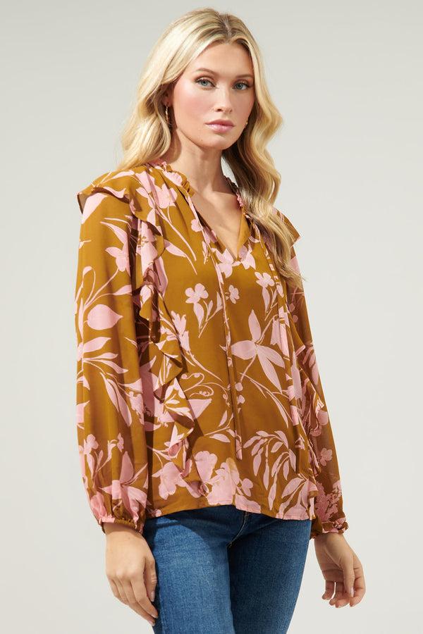 Sugarlips Magnolia Floral Chessie Balloon Sleeve Ruffle Blouse