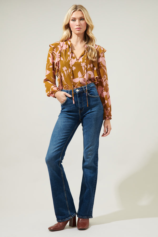 Sugarlips Magnolia Floral Chessie Balloon Sleeve Ruffle Blouse