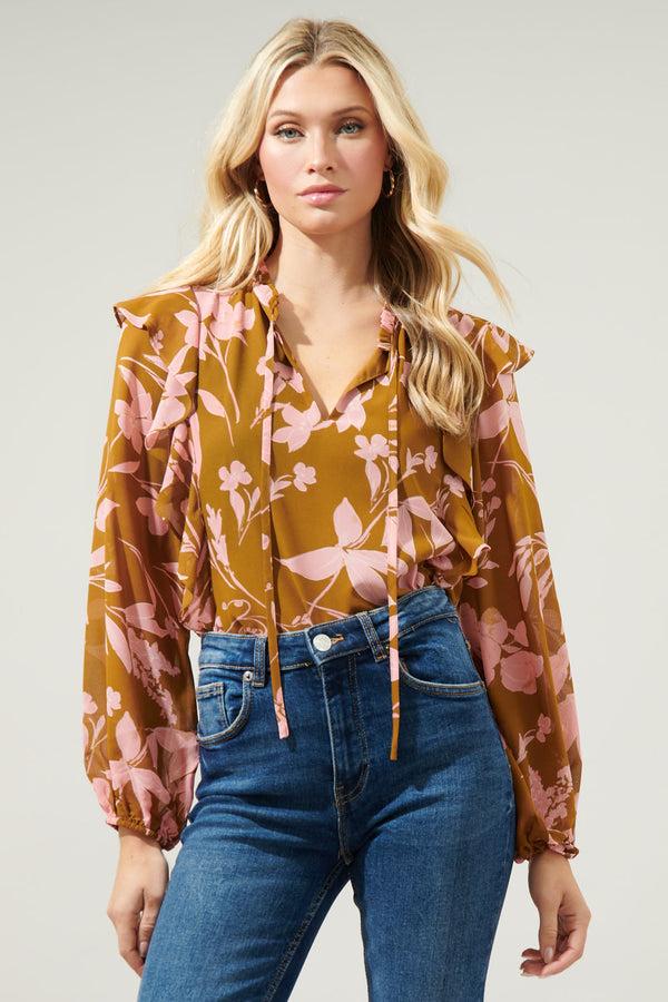 sugarlips Magnolia Floral Chessie Balloon Sleeve Ruffle Blouse