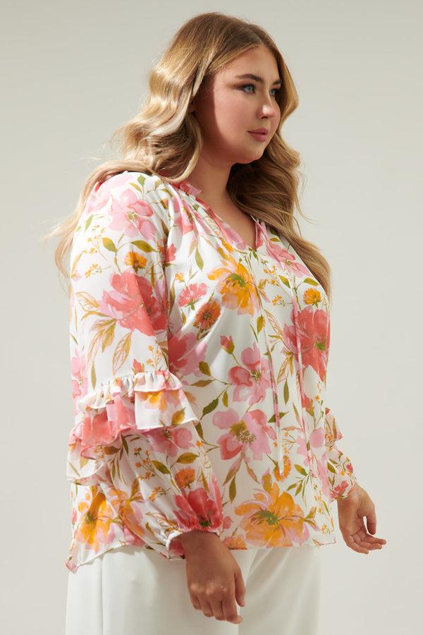 Sugarlips Maldonado Floral Bijou Bell Sleeve Blouse Curve