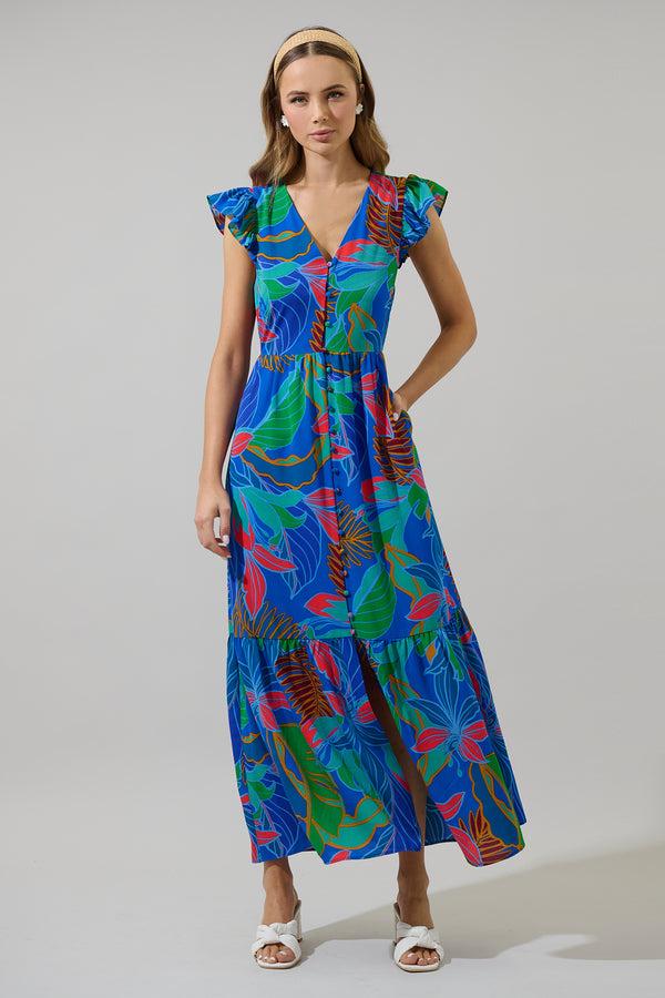 Sugarlips Malton Tropical Evianna Button Down Flutter Maxi Dress
