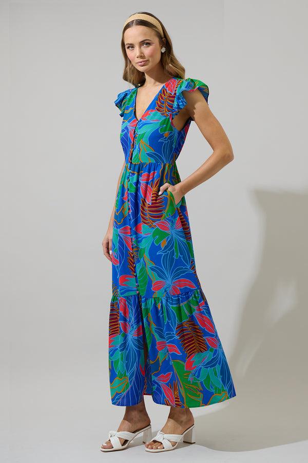 Sugarlips Malton Tropical Evianna Button Down Flutter Maxi Dress