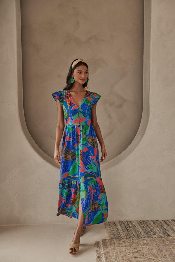 sugarlips Malton Tropical Evianna Button Down Flutter Maxi Dress