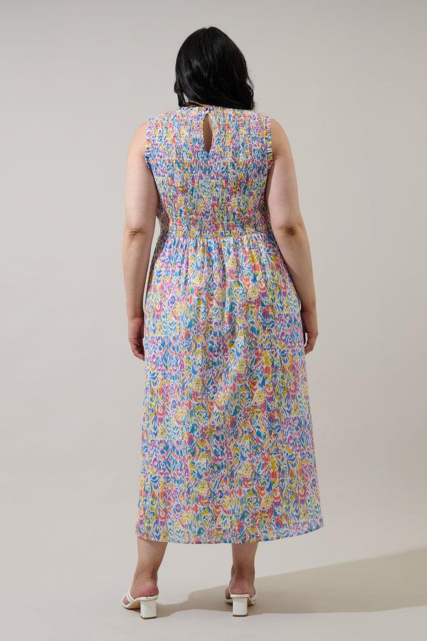 Sugarlips Malva Abstract Cecil Smocked Sleeveless Midi Dress Curve