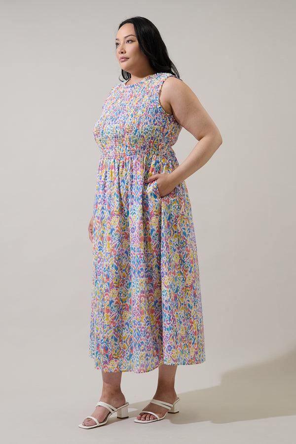 Sugarlips Malva Abstract Cecil Smocked Sleeveless Midi Dress Curve